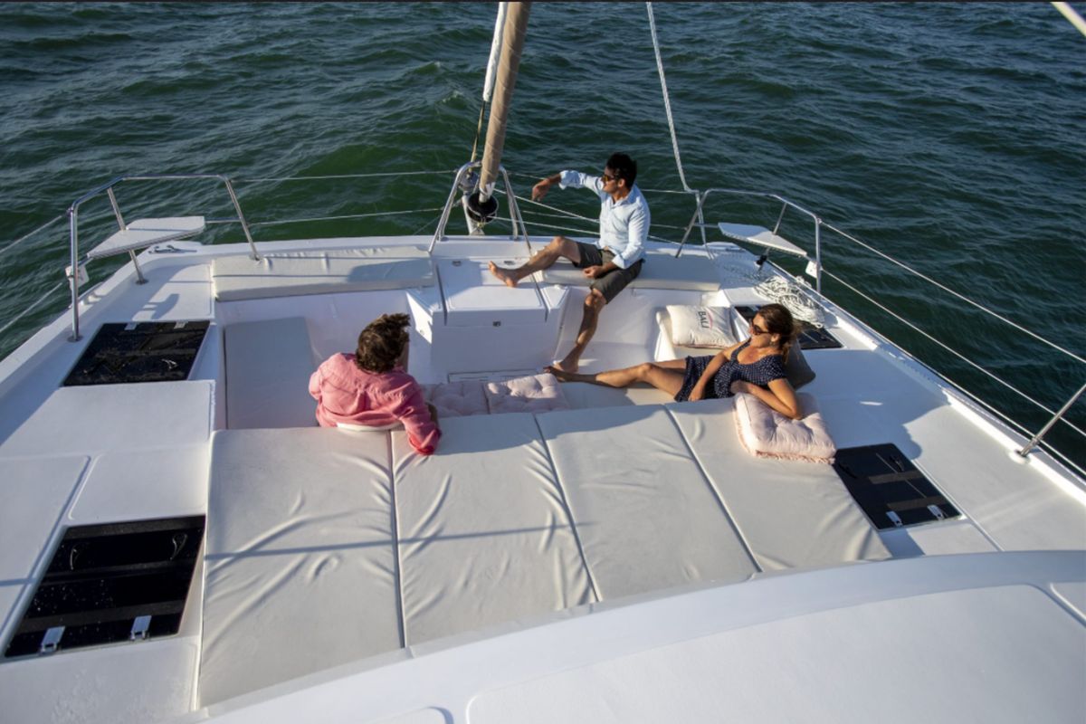 Deck of FONTANA, a Bali Catspace catamaran at Sant Antoni de Portmany, Spain