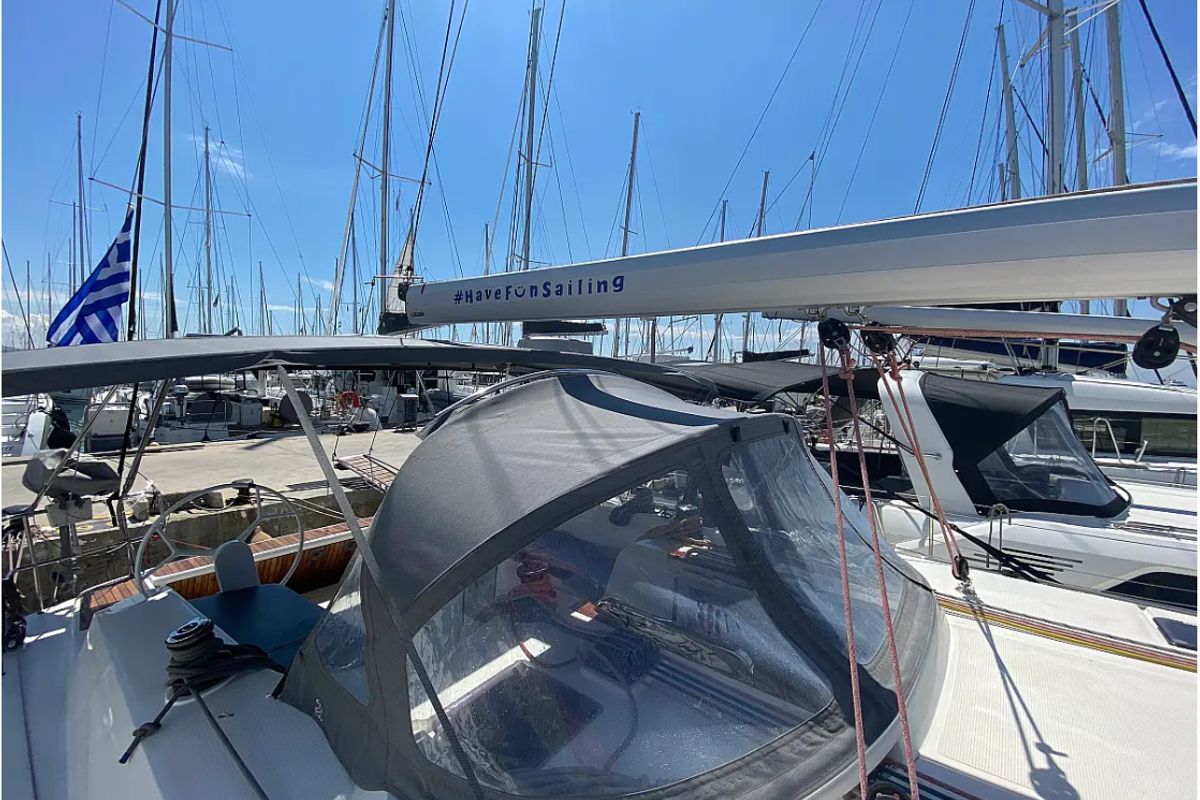 Deck of Kassandra, a Bavaria Cruiser 46 sailboat at Athens, Greece