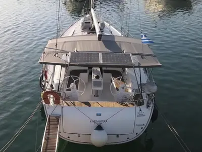 Deck of Kassandra, a Bavaria Cruiser 46 sailboat at Athens, Greece