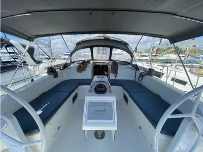 Cockpit of Kassandra, a Bavaria Cruiser 46 sailboat at Athens, Greece