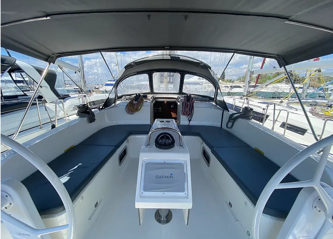 Cockpit of Kassandra, a Bavaria Cruiser 46 sailboat at Athens, Greece