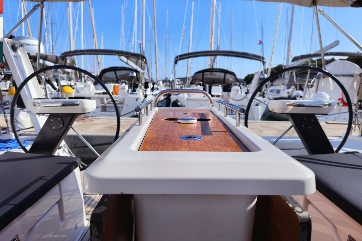 Cockpit of Nika, a Dufour 390 GL sailboat at Grad Kaštela, Croatia