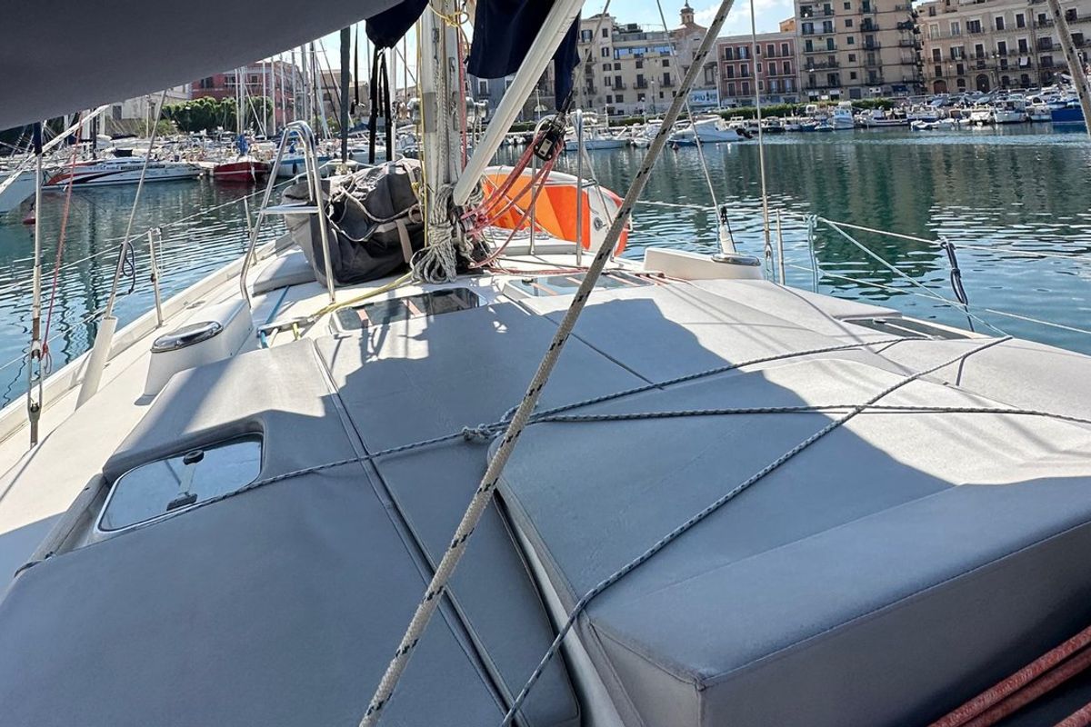 Deck of Maria Louise II, a Beneteau 50 sailboat at Capo d'Orlando, Italy