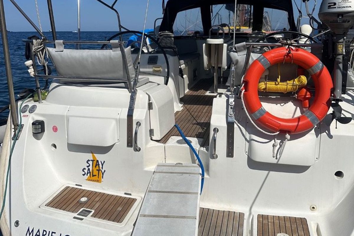 Cockpit of Maria Louise II, a Beneteau 50 sailboat at Capo d'Orlando, Italy