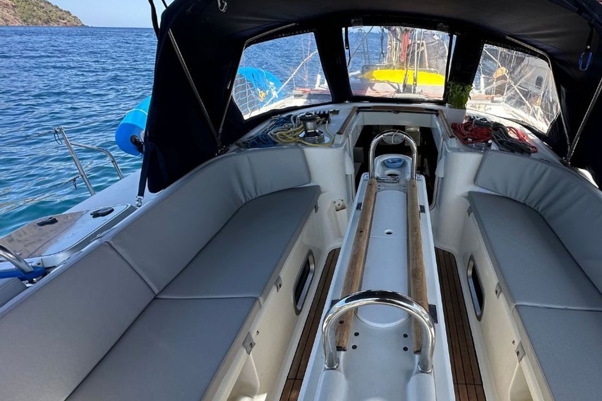 Cockpit of Maria Louise II, a Beneteau 50 sailboat at Capo d'Orlando, Italy