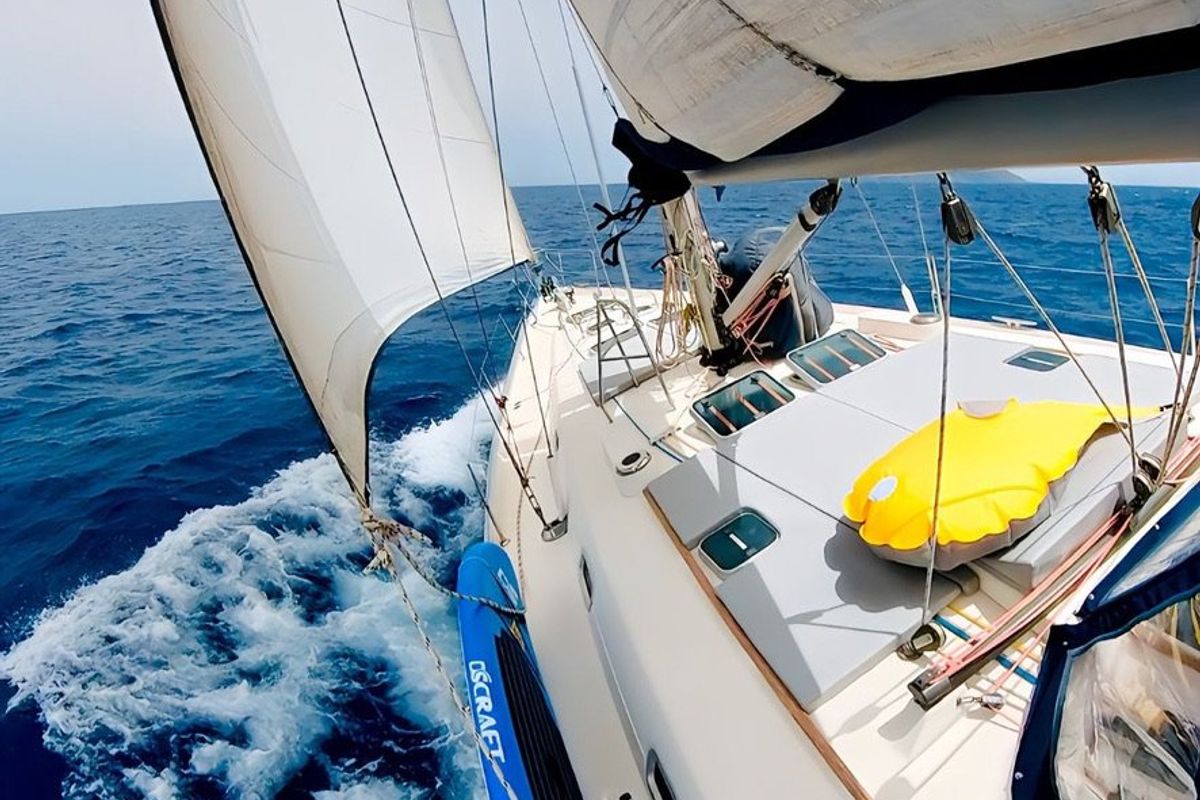 Deck of Maria Louise II, a Beneteau 50 sailboat at Capo d'Orlando, Italy