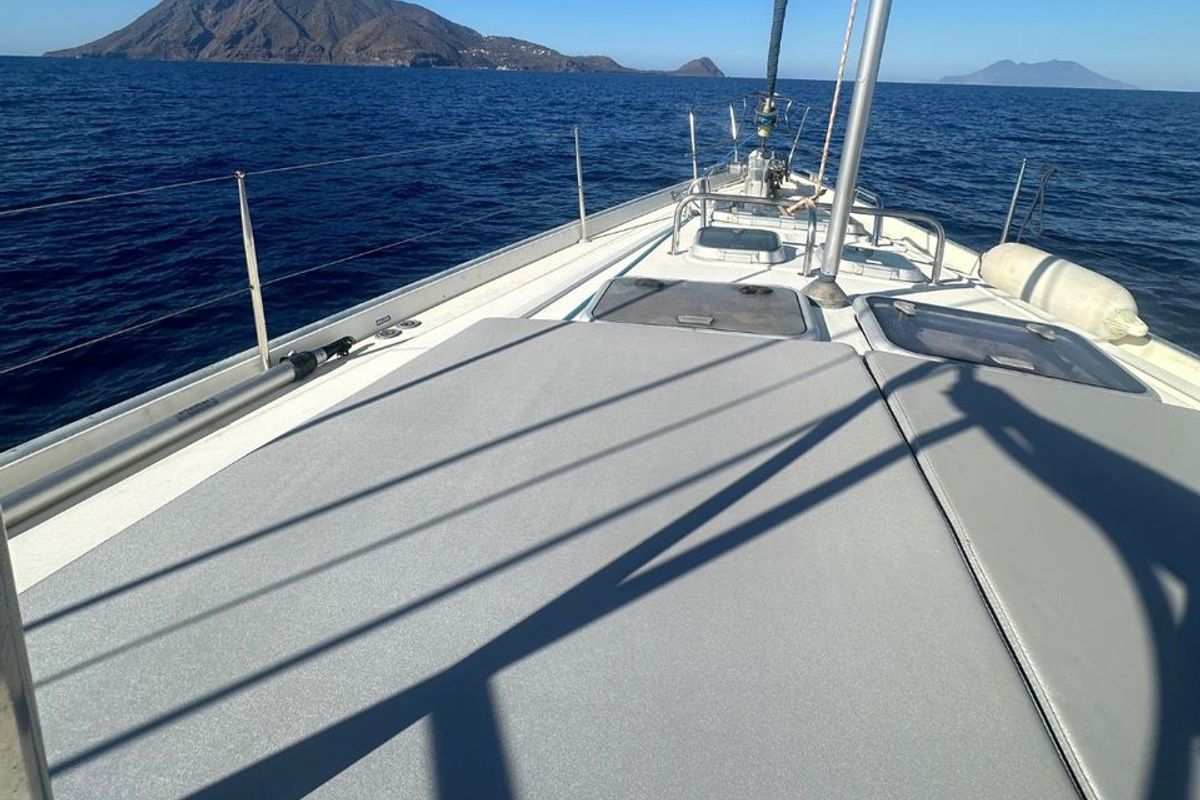 Deck of Maria Louise II, a Beneteau 50 sailboat at Capo d'Orlando, Italy