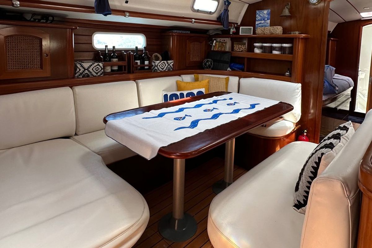 Salon of Maria Louise II, a Beneteau 50 sailboat at Capo d'Orlando, Italy
