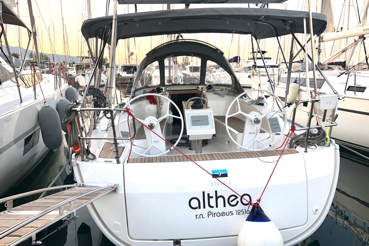 Exterior view of Althea, a Bavaria Cruiser 34 sailboat at Kos, Greece