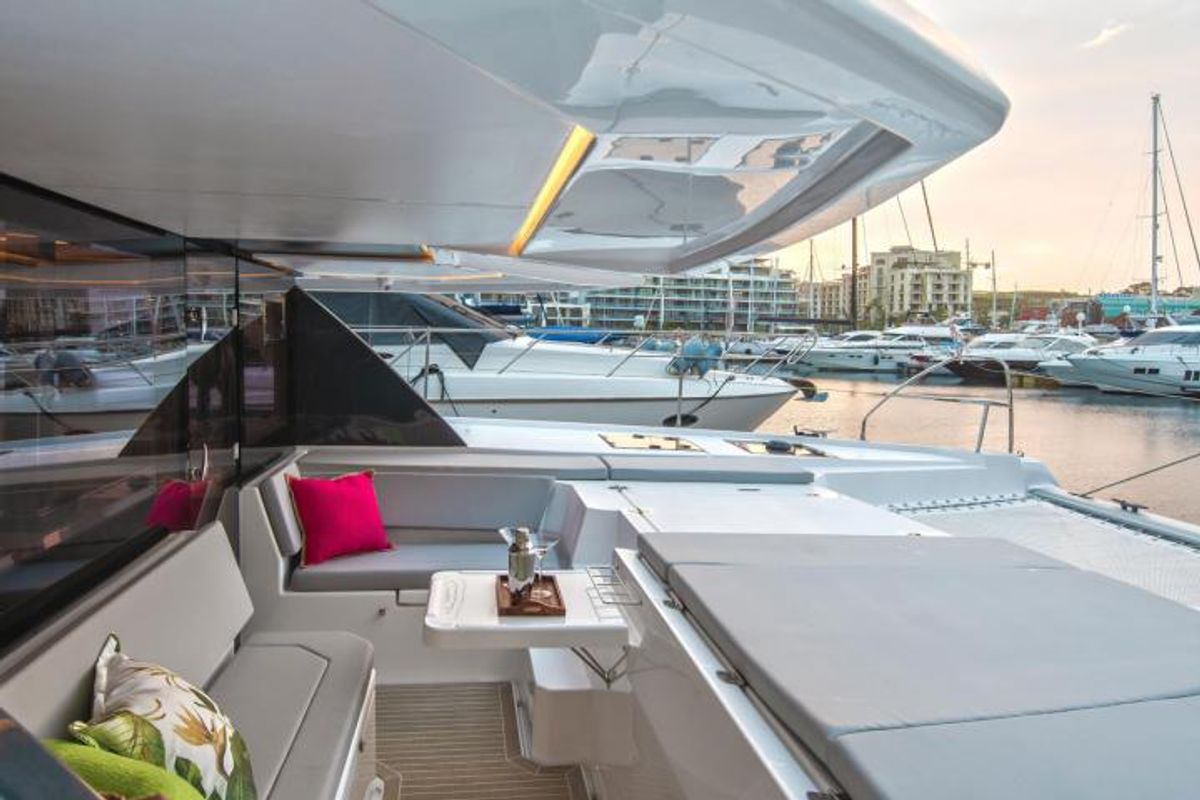 Deck of SEAMANTA, a Leopard 45 catamaran at Azam Marina, Tanzania