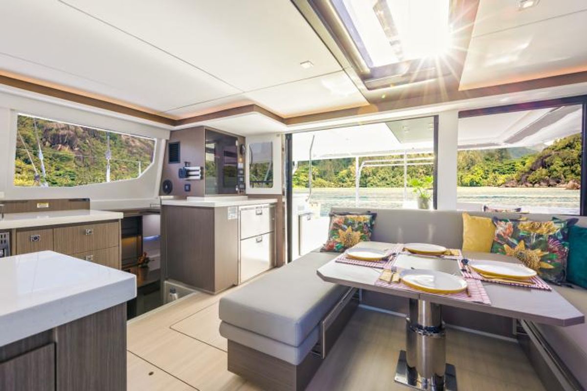 Salon of SEAMANTA, a Leopard 45 catamaran at Azam Marina, Tanzania