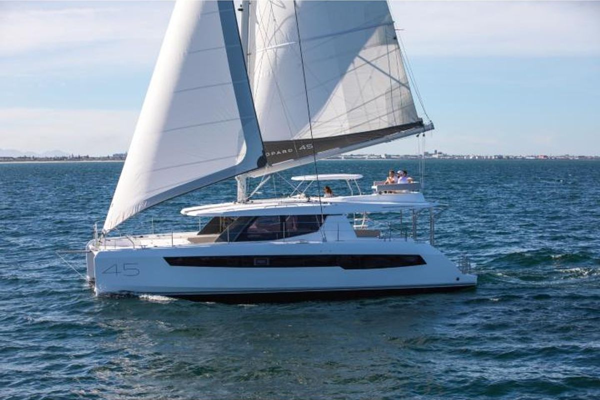 Exterior view of SEAMANTA, a Leopard 45 catamaran at Azam Marina, Tanzania