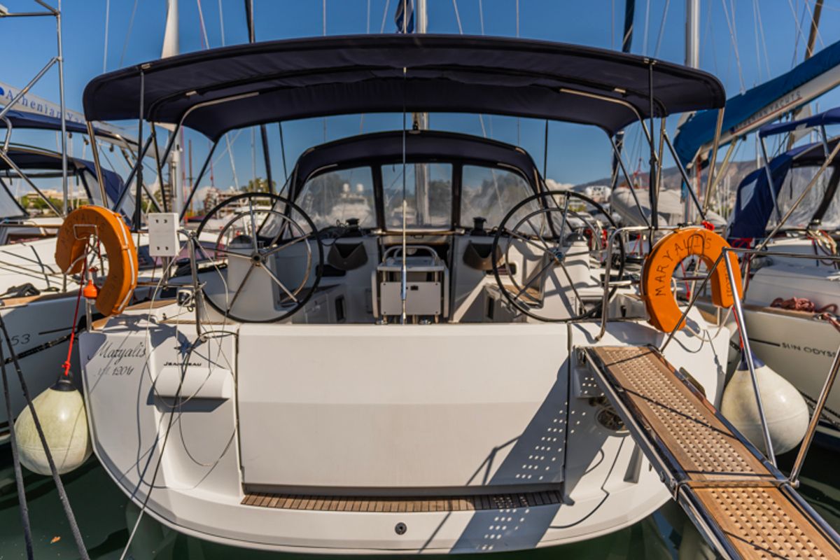 Cockpit of Maryalis, a Jeanneau Sun Odyssey 519 sailboat at Athens, Greece