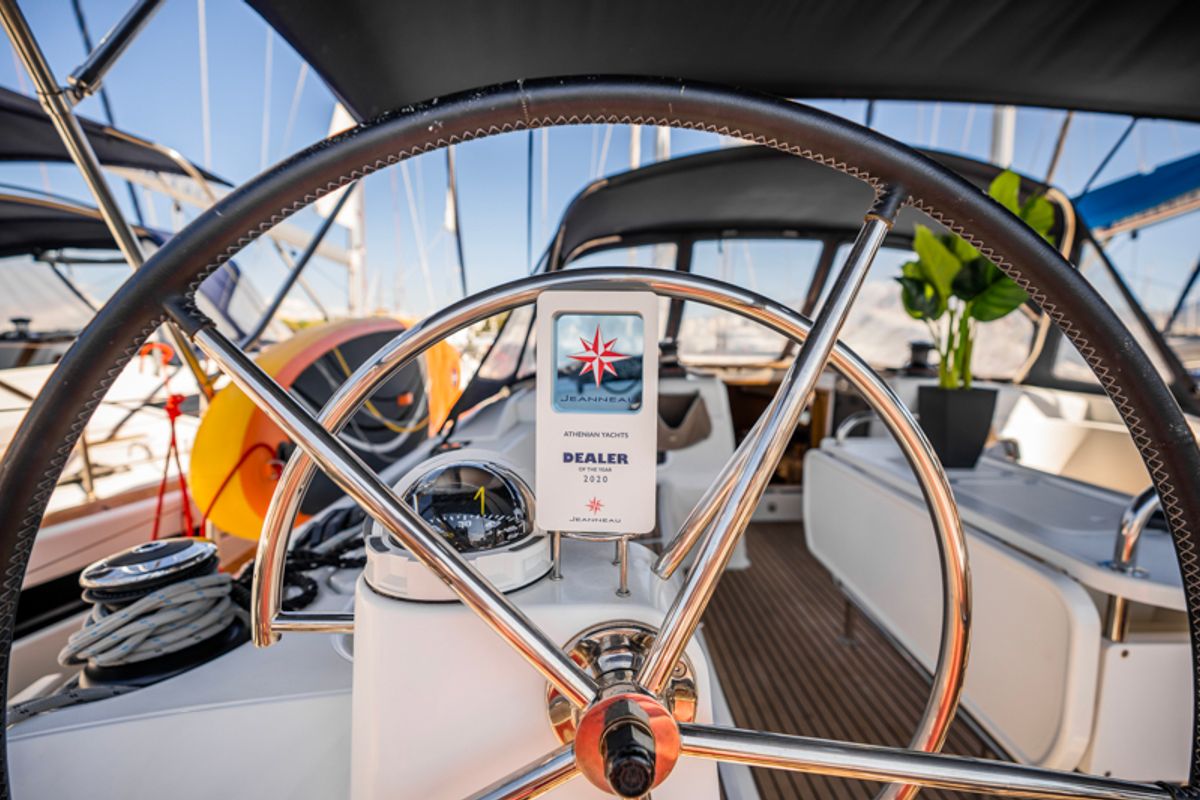 Cockpit of Maryalis, a Jeanneau Sun Odyssey 519 sailboat at Athens, Greece
