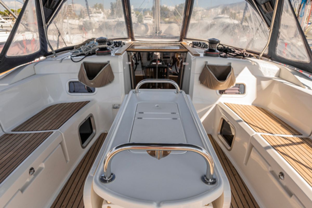 Cockpit of Maryalis, a Jeanneau Sun Odyssey 519 sailboat at Athens, Greece