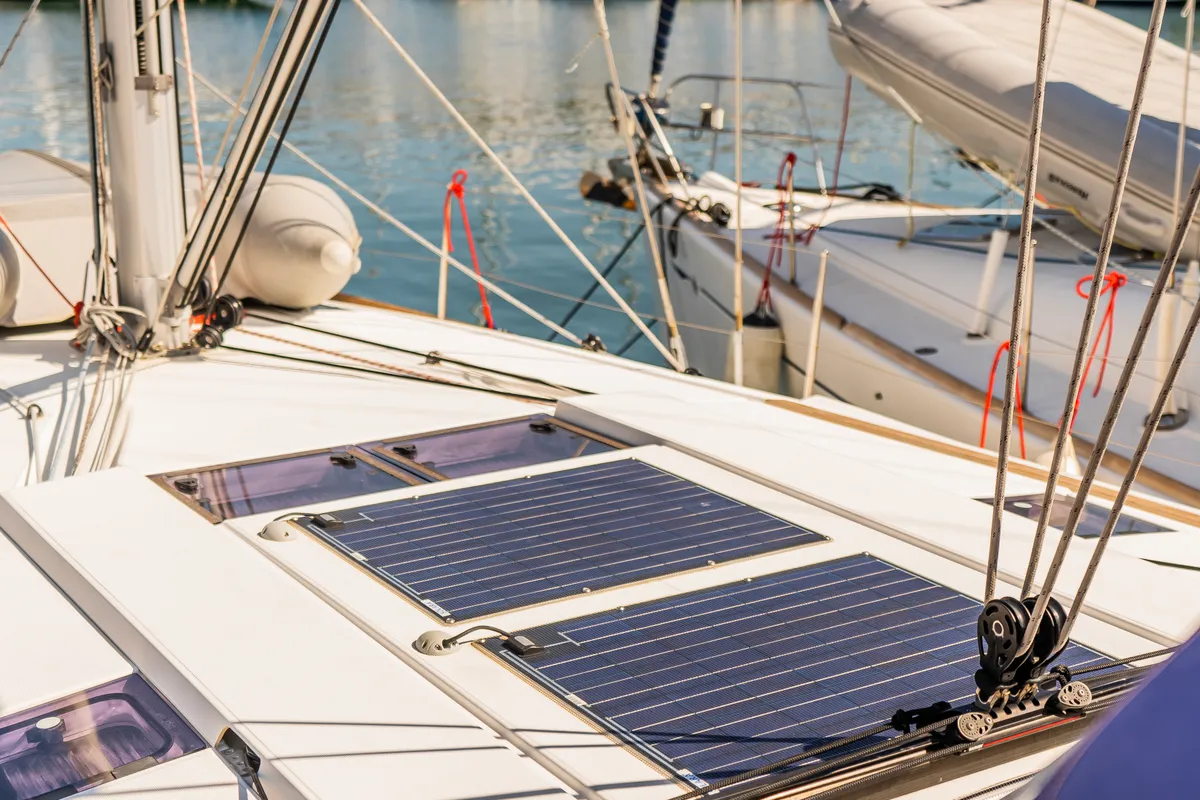 Deck of Maryalis, a Jeanneau Sun Odyssey 519 sailboat at Athens, Greece