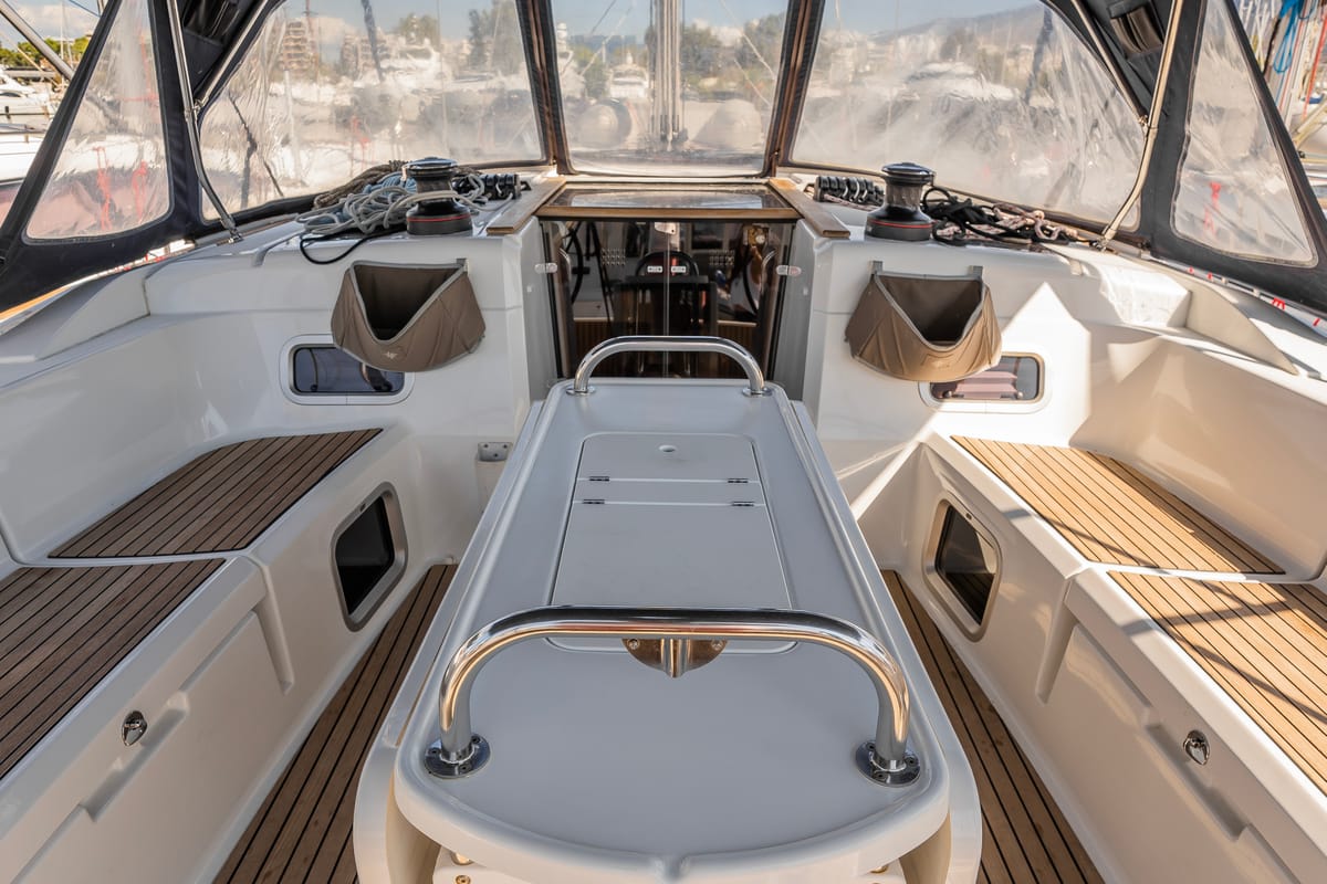 Cockpit of Maryalis, a Jeanneau Sun Odyssey 519 sailboat at Athens, Greece