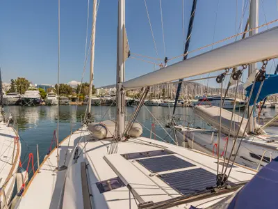 Deck of Maryalis, a Jeanneau Sun Odyssey 519 sailboat at Athens, Greece