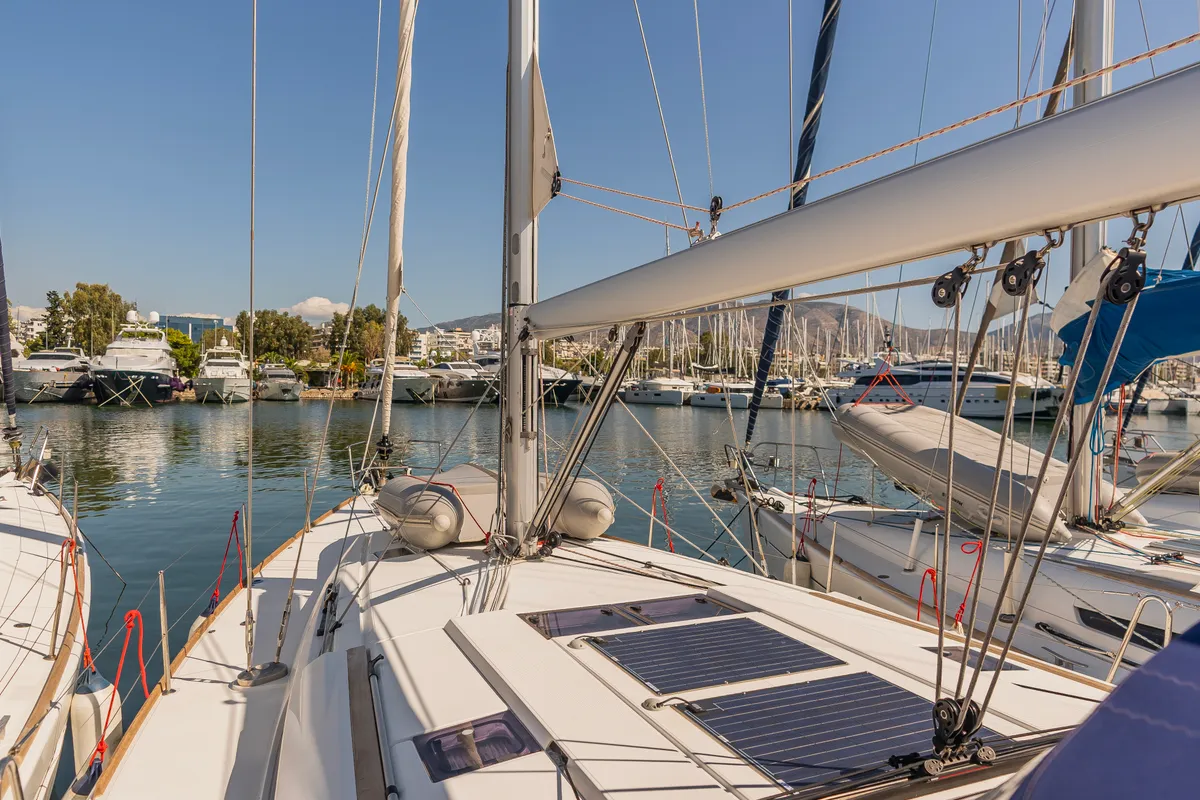 Deck of Maryalis, a Jeanneau Sun Odyssey 519 sailboat at Athens, Greece