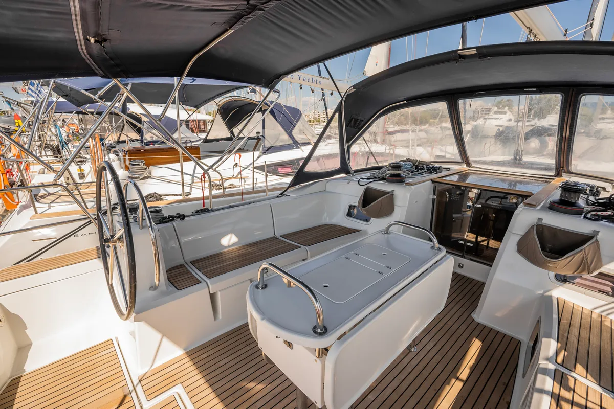 Cockpit of Maryalis, a Jeanneau Sun Odyssey 519 sailboat at Athens, Greece