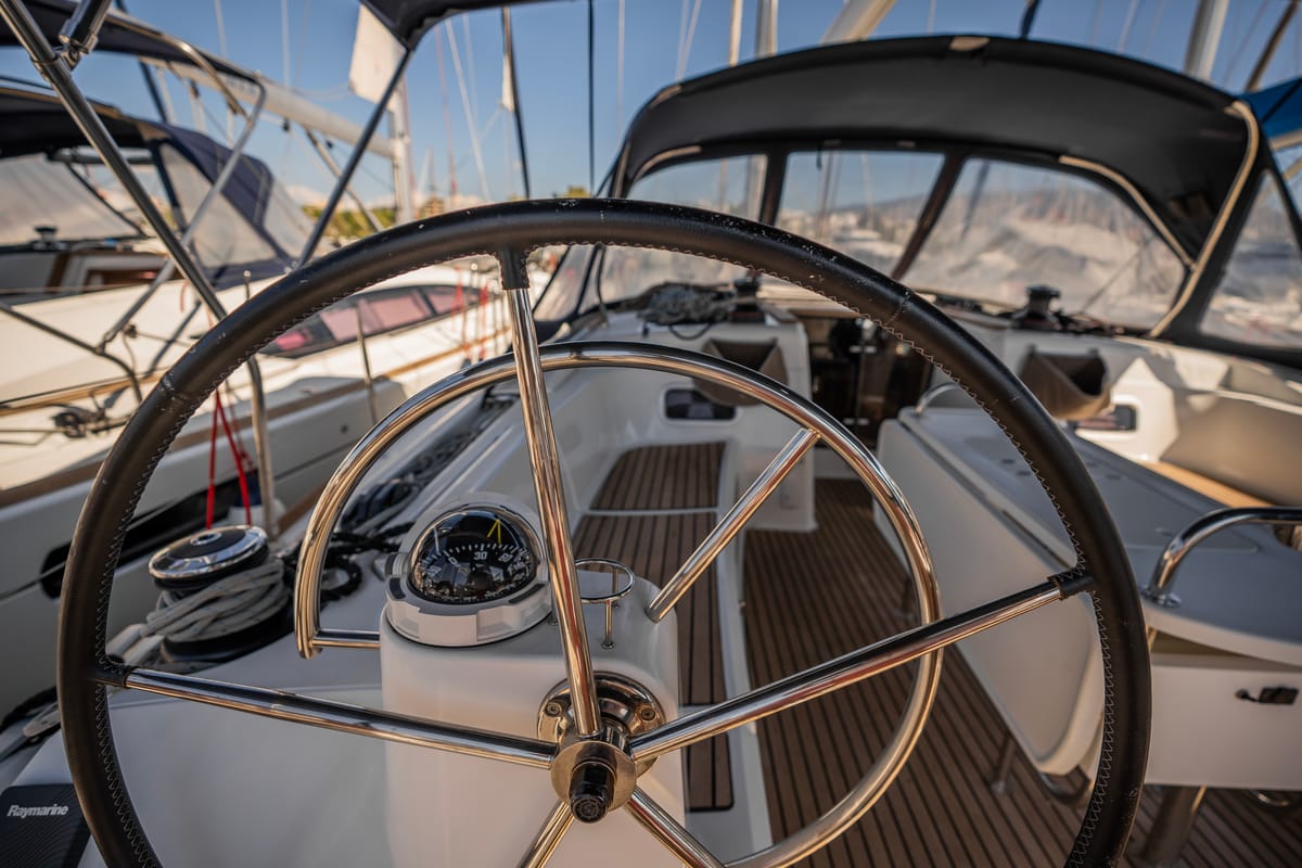 Cockpit of Maryalis, a Jeanneau Sun Odyssey 519 sailboat at Athens, Greece