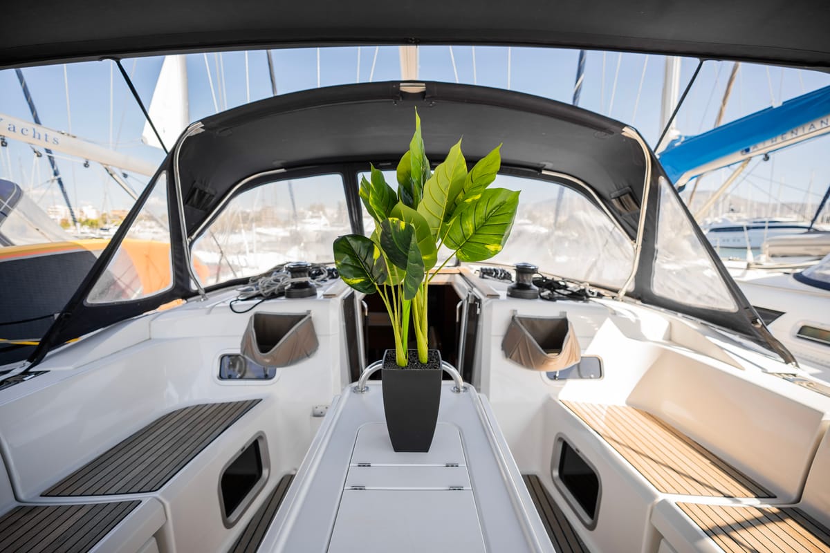Cockpit of Maryalis, a Jeanneau Sun Odyssey 519 sailboat at Athens, Greece