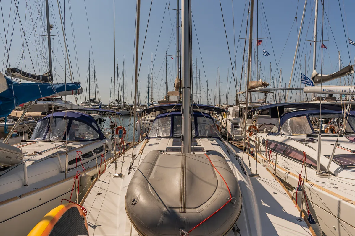 Deck of Maryalis, a Jeanneau Sun Odyssey 519 sailboat at Athens, Greece