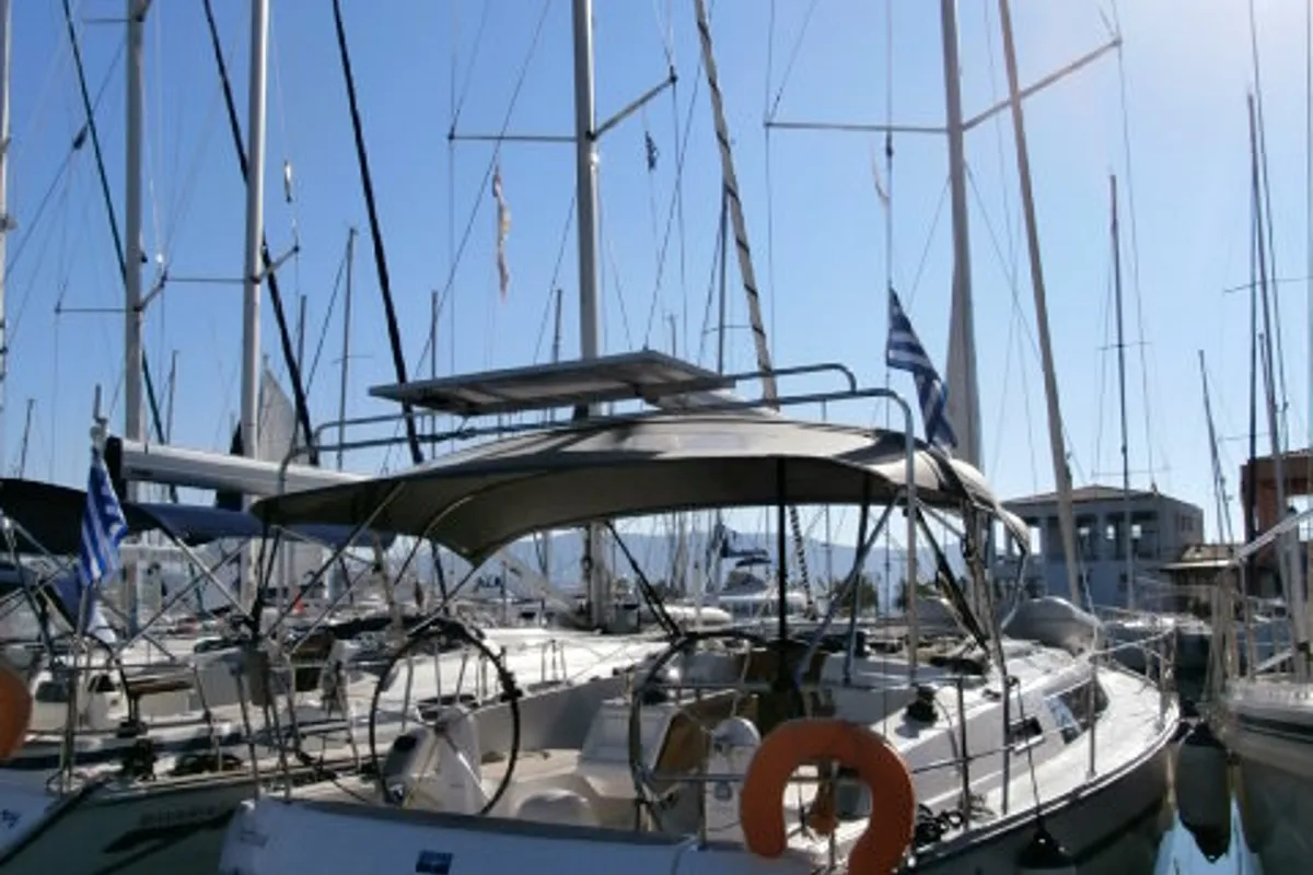 Exterior view of Mattina, a Bavaria Cruiser 37 sailboat at Municipal Unit of Lefkada, Greece