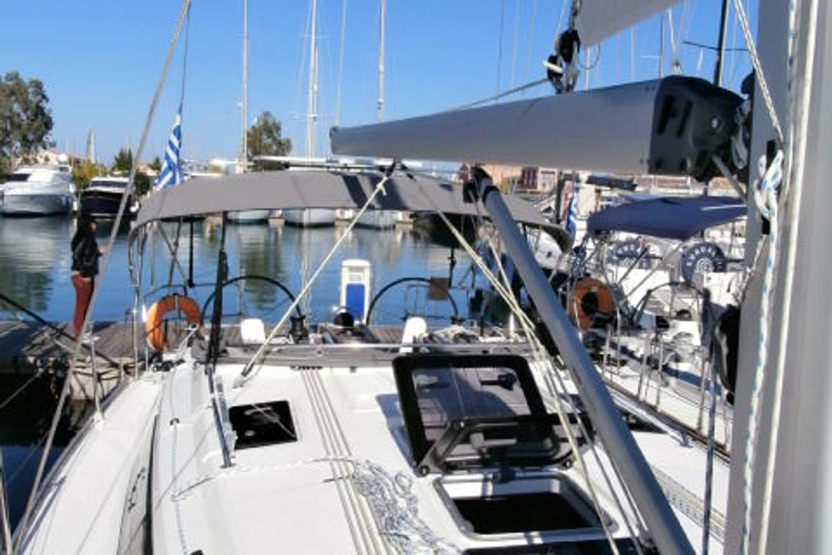 Deck of Mattina, a Bavaria Cruiser 37 sailboat at Municipal Unit of Lefkada, Greece