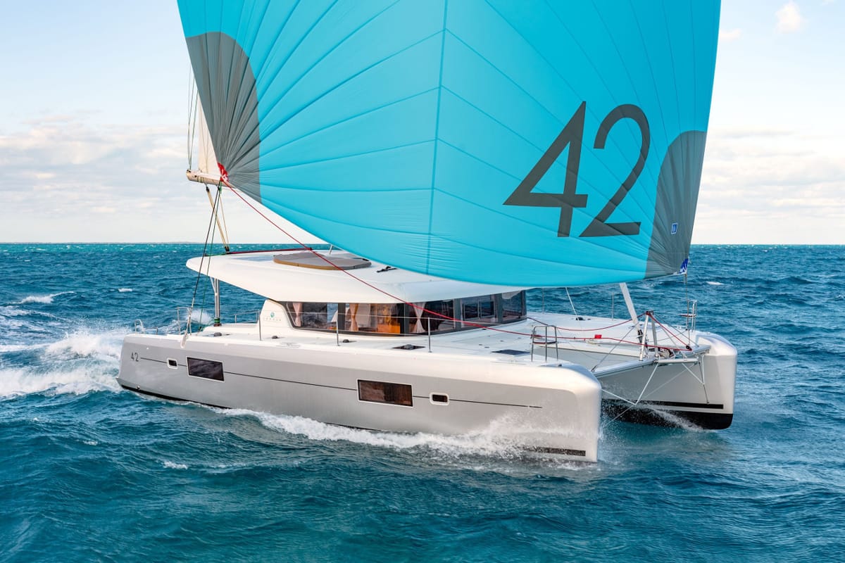 Exterior view of Amici, a Lagoon 42 catamaran at Athens, Greece
