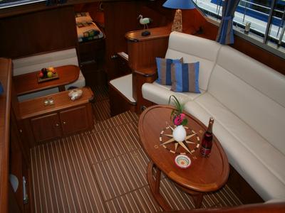 Cabin on Evolution, a De Drait Reline 1260 motorboat at Drachten, Netherlands