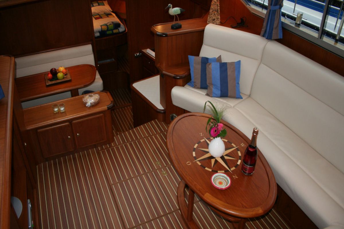 Cabin on Evolution, a De Drait Reline 1260 motorboat at Drachten, Netherlands