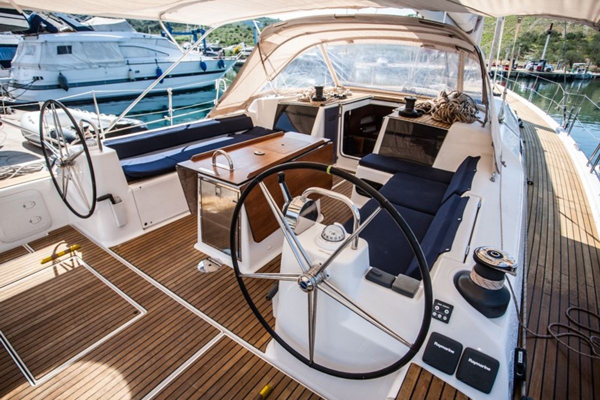 Cockpit of Kazka, a Dufour Exclusive 56 sailboat at Primošten, Croatia