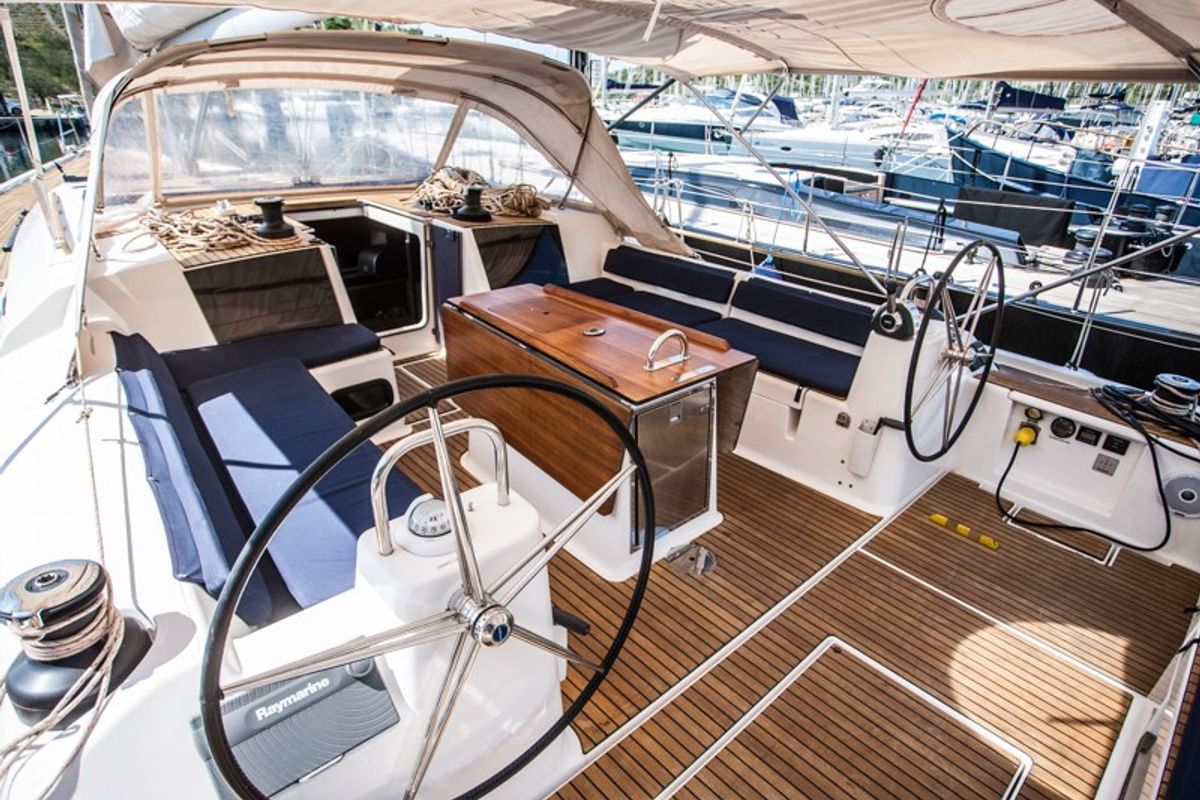 Cockpit of Kazka, a Dufour Exclusive 56 sailboat at Primošten, Croatia