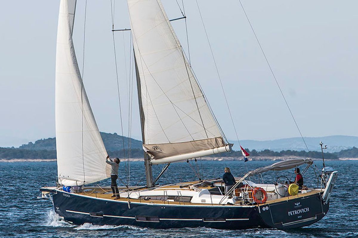 Exterior view of Kazka, a Dufour Exclusive 56 sailboat at Primošten, Croatia