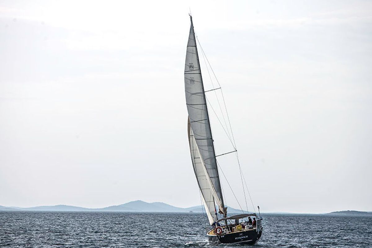 Exterior view of Kazka, a Dufour Exclusive 56 sailboat at Primošten, Croatia