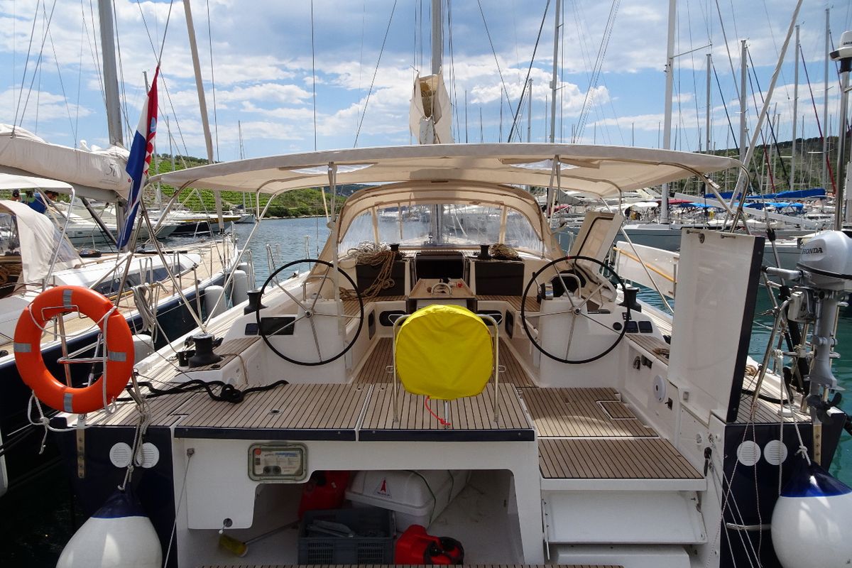 Cockpit of Kazka, a Dufour Exclusive 56 sailboat at Primošten, Croatia