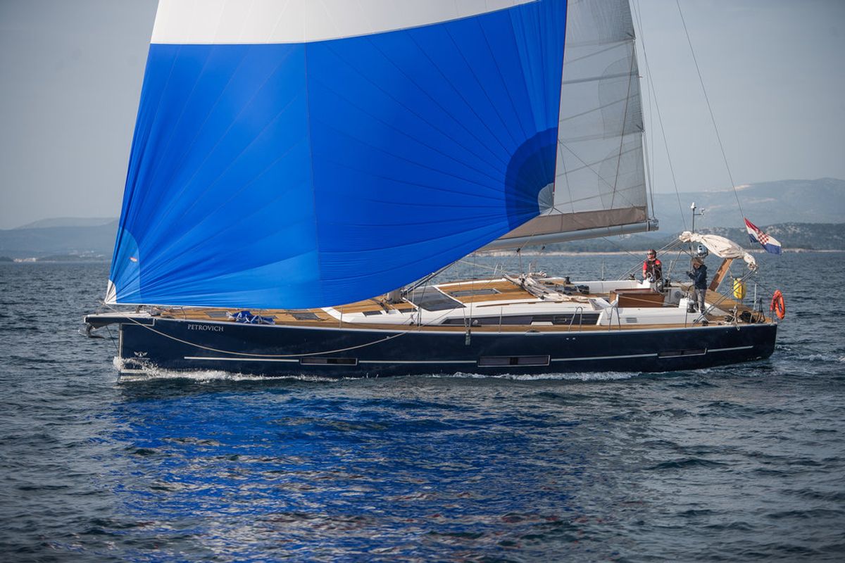 Exterior view of Kazka, a Dufour Exclusive 56 sailboat at Primošten, Croatia