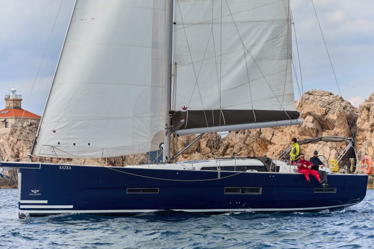 Exterior view of Kazka, a Dufour Exclusive 56 sailboat at Primošten, Croatia