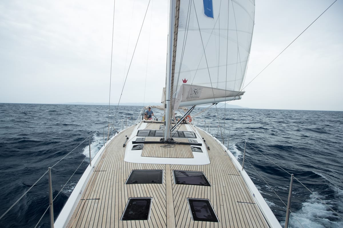 Exterior view of Kazka, a Dufour Exclusive 56 sailboat at Primošten, Croatia