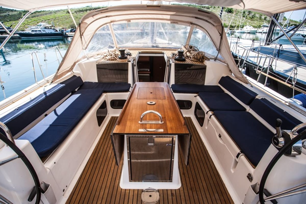 Deck of Kazka, a Dufour Exclusive 56 sailboat at Primošten, Croatia