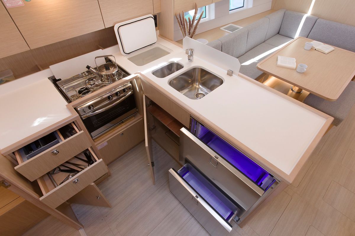 Galley of Manann II, a Bavaria C45 sailboat at Grad Kaštela, Croatia