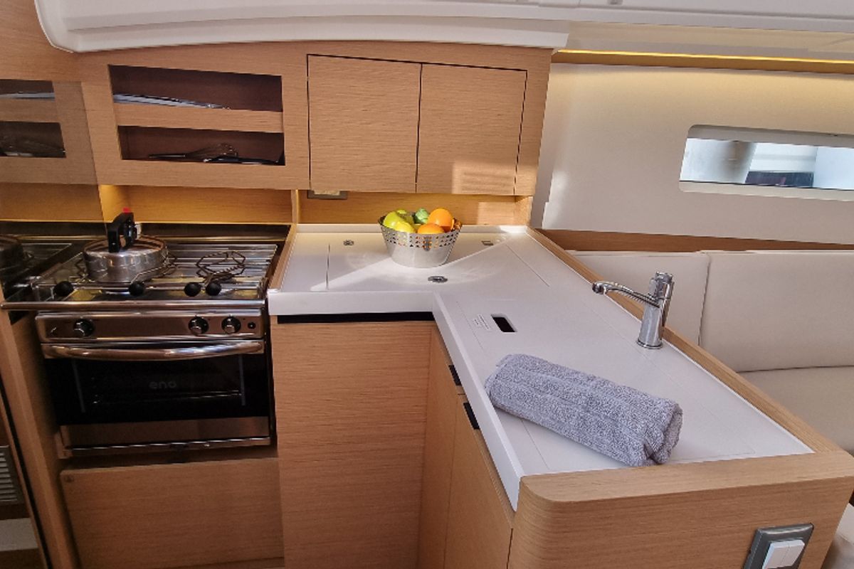 Galley of Sunny, a Jeanneau Sun Odyssey 380 sailboat at Vallauris, France