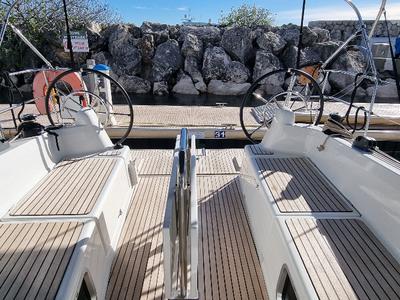 Cockpit of Sunny, a Jeanneau Sun Odyssey 380 sailboat at Vallauris, France