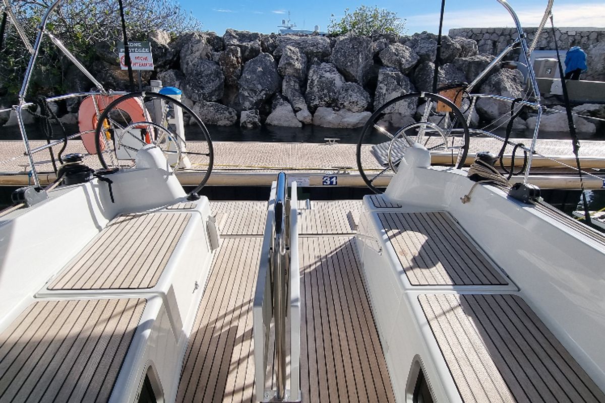 Cockpit of Sunny, a Jeanneau Sun Odyssey 380 sailboat at Vallauris, France