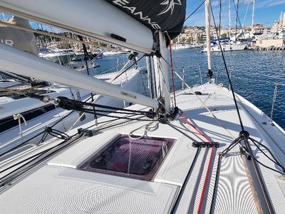 Deck of Sunny, a Jeanneau Sun Odyssey 380 sailboat at Vallauris, France
