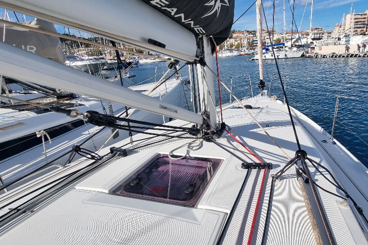 Deck of Sunny, a Jeanneau Sun Odyssey 380 sailboat at Vallauris, France