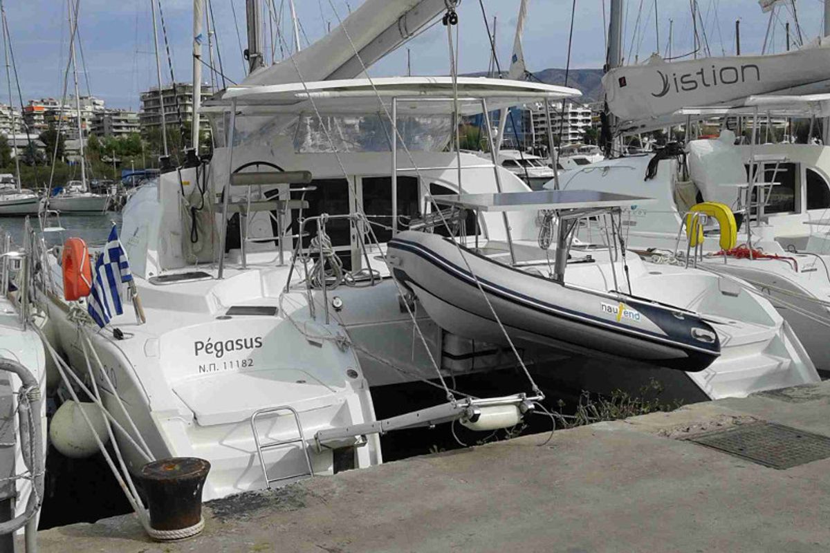 Exterior view of Pegasus, a Lagoon 380 S2 catamaran at Municipal Unit of Rhodes, Greece