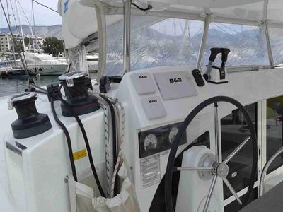 Cockpit of Pegasus, a Lagoon 380 S2 catamaran at Municipal Unit of Rhodes, Greece