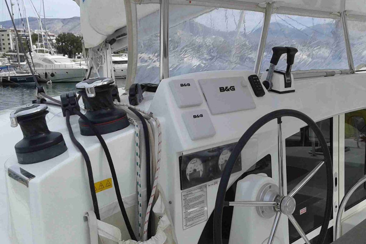 Cockpit of Pegasus, a Lagoon 380 S2 catamaran at Municipal Unit of Rhodes, Greece